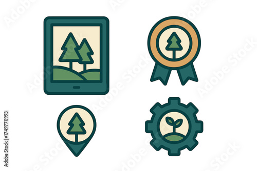 Ecology and nature icons featuring tree sprout and conservation symbols