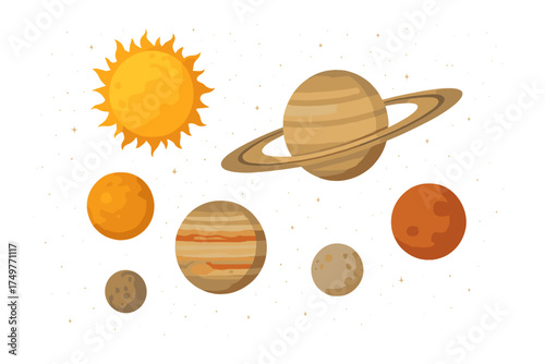 Stylized collection of solar system planets and the sun