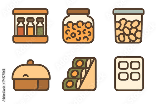 Six food preservation and storage symbols in warm color palette