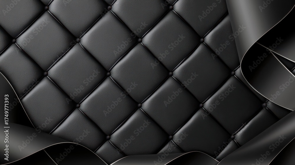Obraz premium Luxurious Black Leather Quilted Upholstery Background with Elegant Curves and Folds for Premium Design, Texture, and Abstract Art