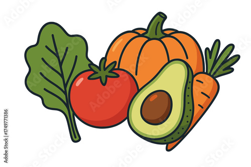 Assortment of fresh vegetables including pumpkin, tomato, avocado, and carrot