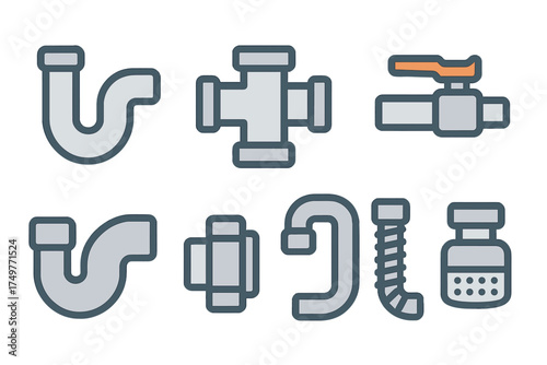 Collection of plumbing pipe fittings and various valve icons for water systems