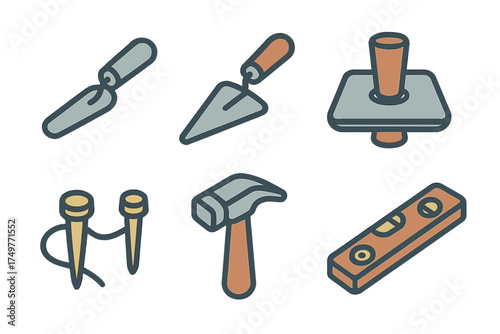 Outline icons set of construction and masonry hand tools for building work