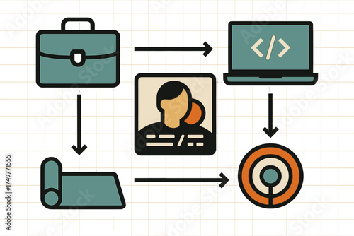 Business process flow chart with career development and coding icons