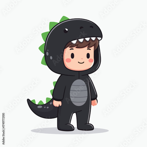 A cute cartoon child dressed in a black dinosaur costume with green spikes.