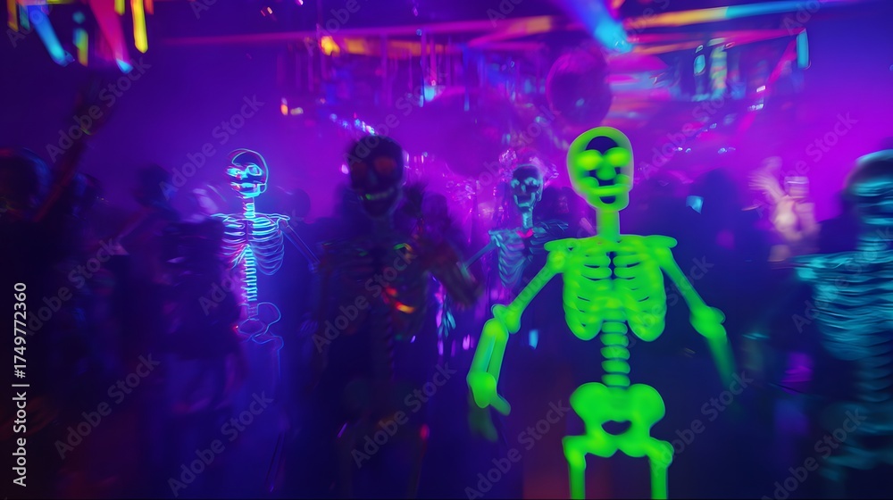 Obraz premium Halloween night club blurred neon glowing skeleton costumes on foggy dance floor