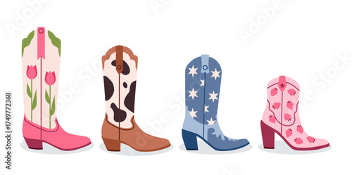 Set of different cowgirl boots. Vector different cowboy boots. Wild west concept.