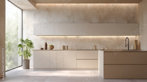 Fototapeta Naklejka Na Ścianę i Meble -  modern soft brutalism kitchen full view, warm beige cabinets, wall with textured plaster insert and built in soft strip light, smooth stone floor