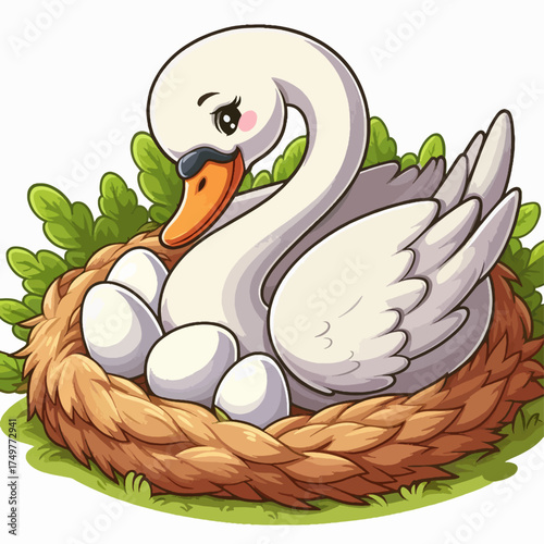 A gentle mother swan carefully guards her precious eggs in a cozy nest.