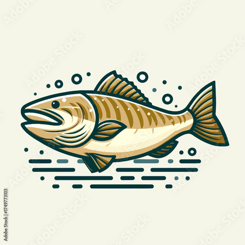 Illustration of a fish with stripes and bubbles on a light background.