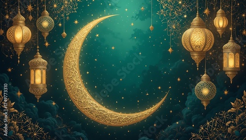 A Golden Crescent Moon and Stars for an Islamic Greeting