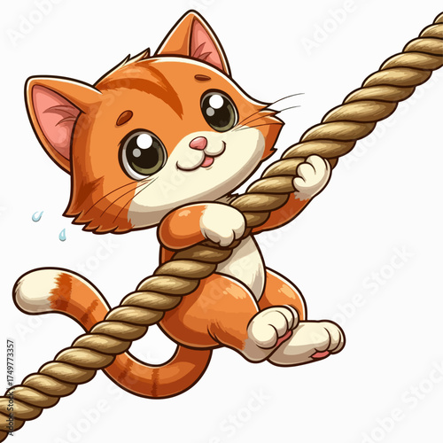 Cartoon illustration of an orange tabby kitten climbing a rope with a determined expression.