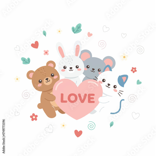 A vector four animal hug love illustration isolated white background
