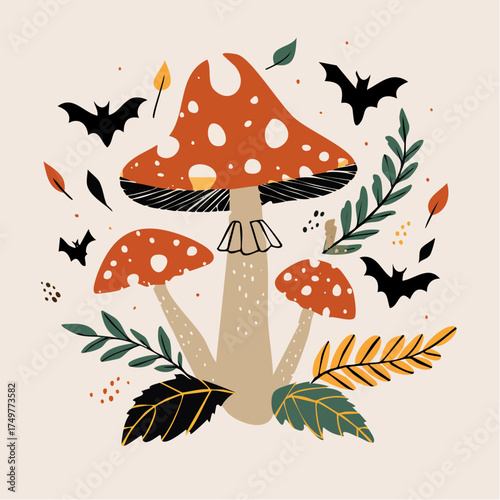 A whimsical illustration of mushrooms surrounded by bats and autumn leaves from a direct viewpoint