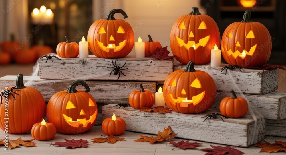 Obraz premium Spooky Halloween Jack O Lanterns and Fall Decorations Create a Festive Atmosphere