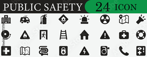 Public Safety icons set with emergency, rescue, first aid, protection, alert, hazard, health, ambulance, fire, safety, shield & life-saving symbols
