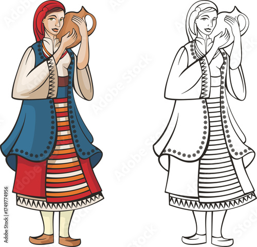 Vector Slavic woman in traditional folk costume. Culture and folklore traditions of Eastern Europe, Bulgaria, Russia, Balkans. Colorful, and ready-to-cut black and white versions included.