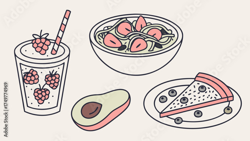 Enjoy a delightful mix of healthy foods with a berry smoothie, pasta salad, avocado and yummy pie, ideal for health, wellness and lifestyle content