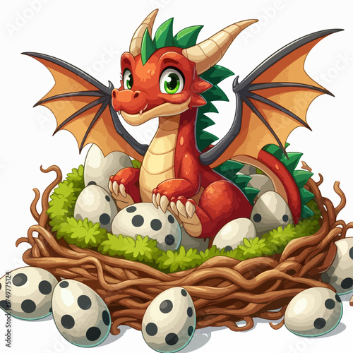 A cute cartoon red dragon with green spikes and orange wings sits protectively in a large nest filled with spotted eggs, with more eggs scattered around.