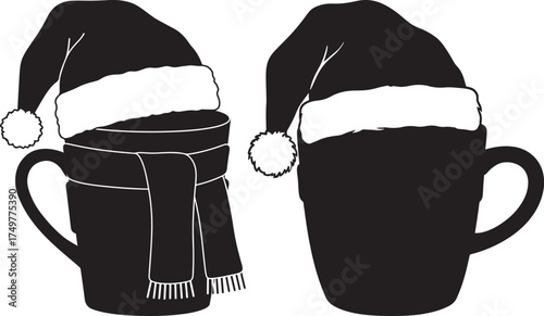 Two festive christmas mugs wearing santa hats and scarves silhouette isolated on white background
