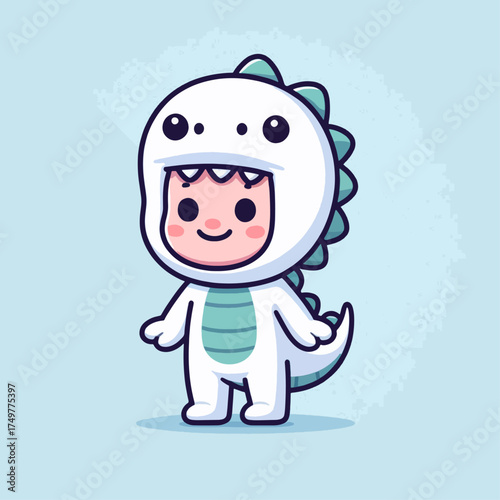 A cute cartoon child dressed in a white dinosaur costume with teal accents.