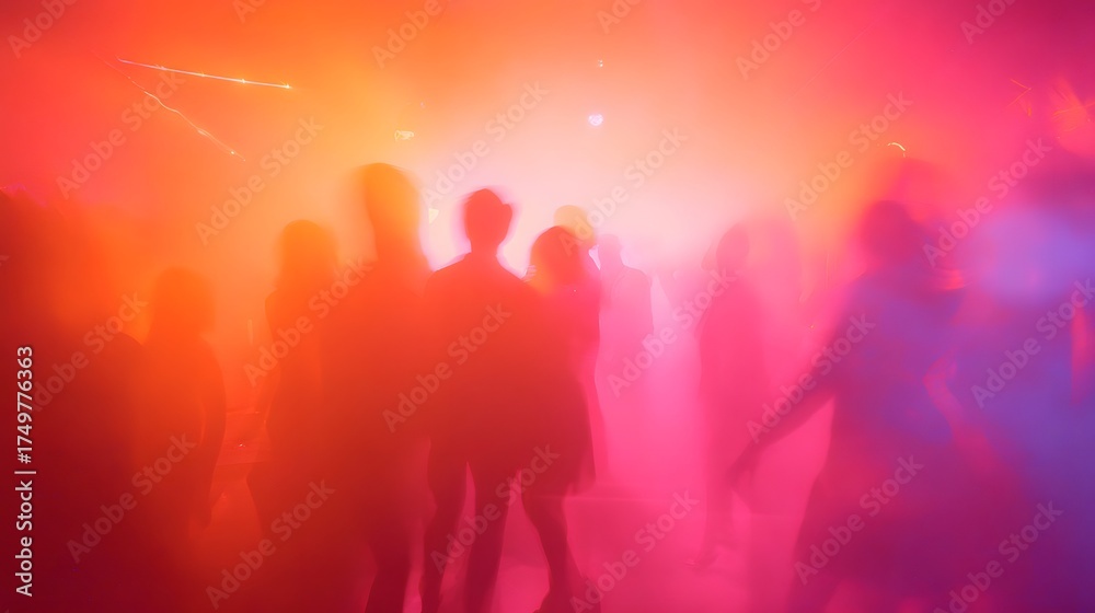 Fototapeta premium Halloween party lounge blurred silhouettes of costumed figures dancing under neon orange strobes