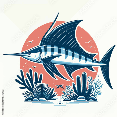 A stylized illustration of a blue marlin fish swimming in front of a large orange sun, surrounded by coral and marine life.