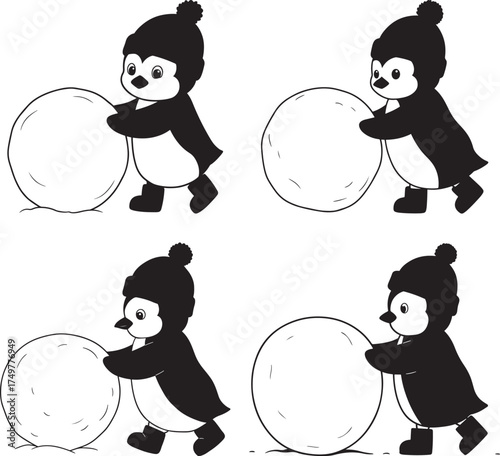 Four cute penguin characters pushing snowballs silhouette isolated on white background