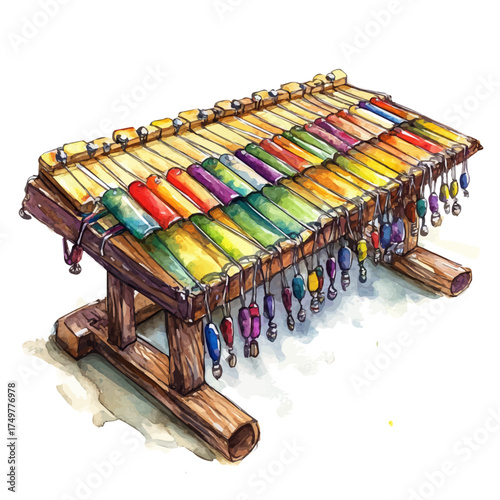watercolor of Marimba, vector, isolated on a white background.