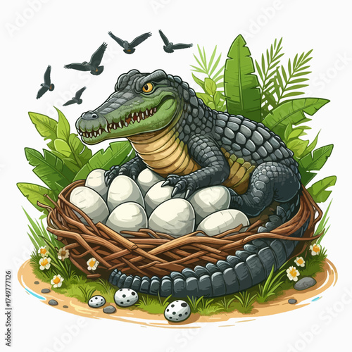 A large alligator carefully guarding a nest filled with many white eggs, surrounded by lush green foliage and flying birds.