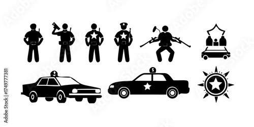Police Officer Silhouette Icons Set Badge Star Car Radio Baton Law Enforcement Graphic.