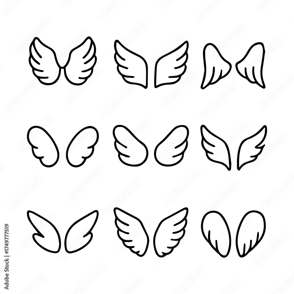 Fototapeta premium set of outline icons wings vector on a white background set of 9 line icons, vector, on a white background