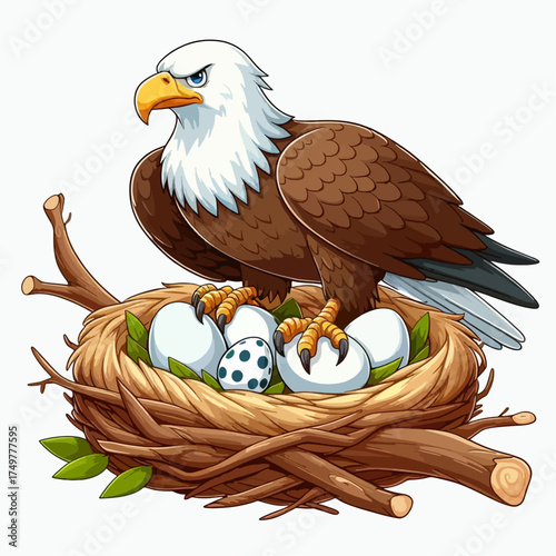 A majestic bald eagle fiercely guards its nest filled with eggs, showcasing a symbol of nature's power and protection.