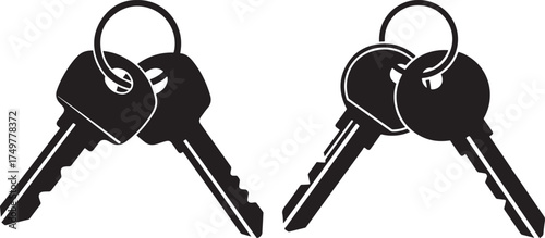 Two bunches of metal keys on keychains in silhouette style isolated on white background