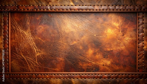 Close-up of aged brown leather texture, stitched frame border, visible white thread detail, rustic vintage material background