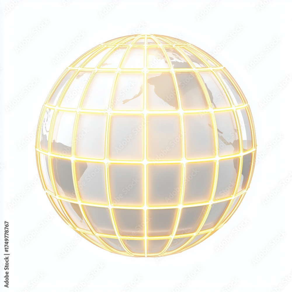 Obraz premium Minimal 3D globe icon with glowing golden wire lines symbolizing global network connection