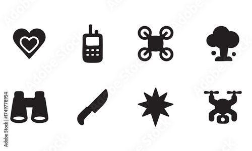 Black Icons of Heart, Walkie-Talkie, Drone, Tree, Binoculars, Knife, Explosion, and Payload Drone