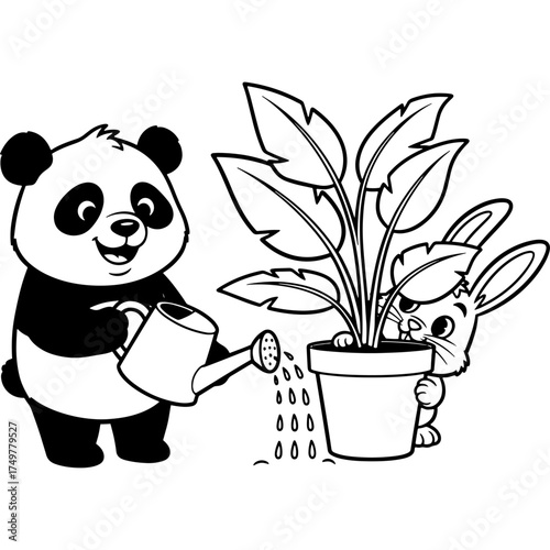 A charming scene for a coloring page or storybook. This vector drawing of a garden of animal friends encourages storytelling about growth, patience, and working together, perfect for children.