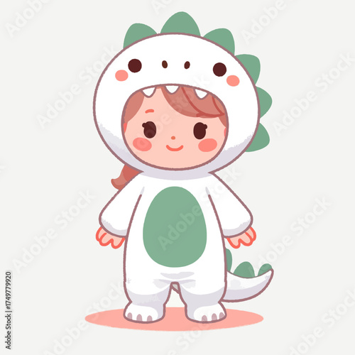 A cute cartoon child in a white and green dinosaur costume with a happy expression.