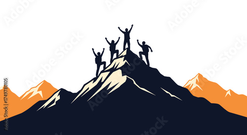Four hikers reach the summit of a steep mountain with arms raised.