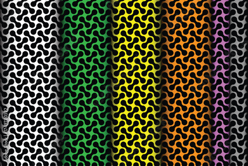 Bold interlocking curve geometric pattern with smooth gradient transitions in black, green, yellow, orange, and purple tones. Ideal for backgrounds, textiles, and decor.