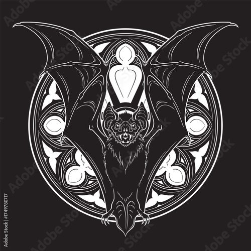 Gothic Bat Illustration Dark Fantasy Engraving Vector with Ornamental Architecture Window