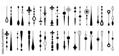 Set of Clock Arrows and Pointers,  Vector Black Analog Hands, Hour and Minute Time Icons, Isolated Watch Components, Minimalist Monochrome Design Elements Illustration