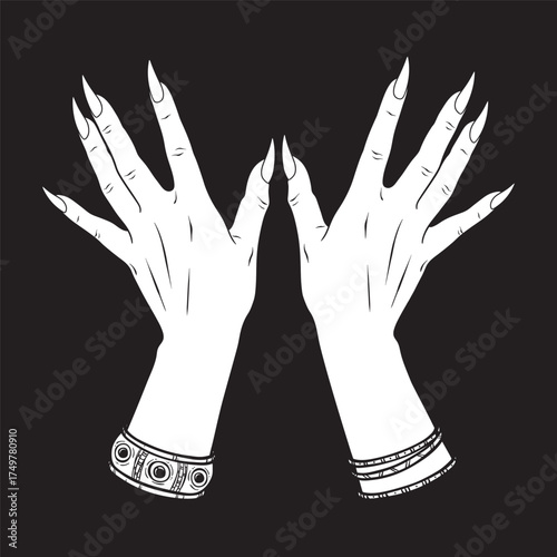 Hand drawn female witch or vampire hands. Flash tattoo, sticker, patch or print design vector illustration.