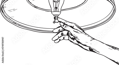 a simple line drawing of an adult hand holding the bottom lip of a light bulb, with one finger pushing down on the top edge of a ceiling light fixture