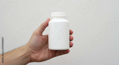 Hand holding an empty white medical bottle, ready to be used as a template for label design and packaging.