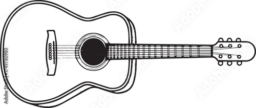 a simple line drawing of an acoustic guitar, on a white background, in a vector illustration style. the lines have a very thin black outline