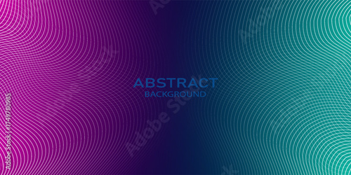 Abstract violet purple and green wavy line pattern on dark blue background with copy space. Modern tech futuristic neon color banner concept. Vector illustration