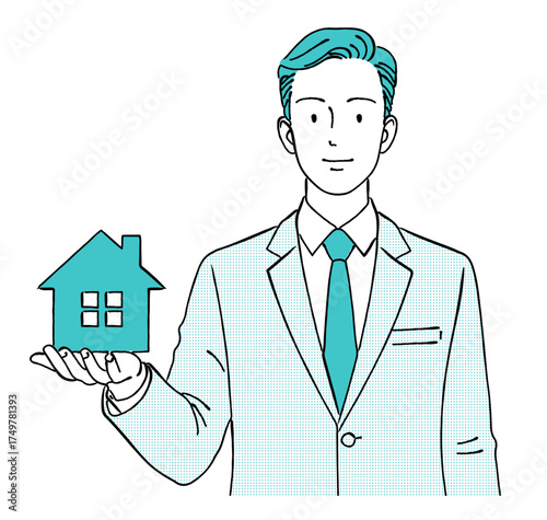 住宅のイラストを手に乗せて紹介する男性ビジネスマンの線画イラスト,不動産,家探し,提案,笑顔