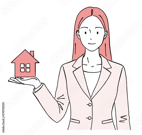 住宅のイラストを手に乗せて紹介する女性ビジネスマンの線画イラスト,不動産,家探し,提案,笑顔